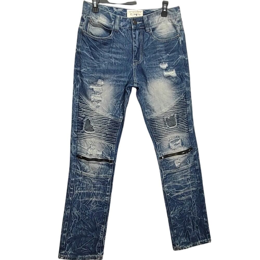 Mens Bleecker & Mercer Blue Wash Distressed Denim Slim Designer Jeans